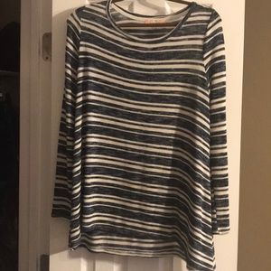 Navy and white striped sweater type blouse.
